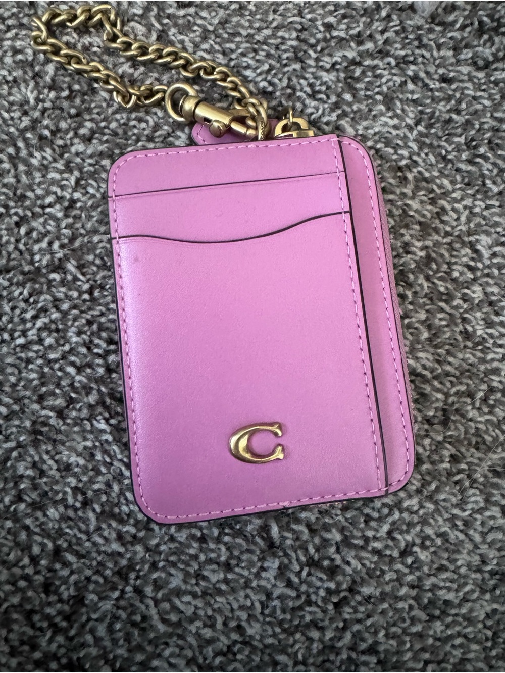 Coach Pink Leather Card Case with Gold Chain and C Accent